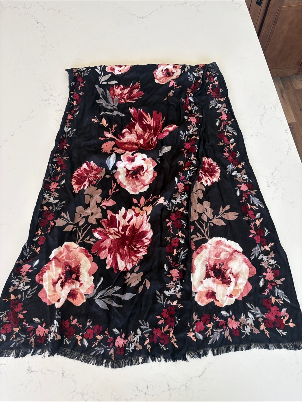 White House Black Market Black Floral Wrap with Red, Pink & Cream Flowers